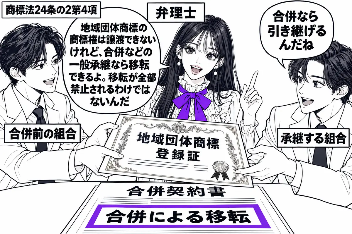 先生が中央の弁理士役(札「弁理士」)。左右に組合の担当者二人(札「合併前の組合」「承継する組合」)。机の合併契約書の上で、地域団体商標の登録証を左の担当者から右の担当者へ渡している。契約書の「合併による移転」をヴァイオレットの枠で囲む。先生
