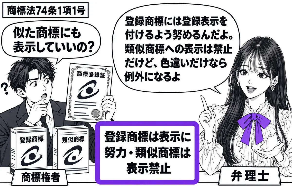 先生が机の右で弁理士役(札「弁理士」)。左の男性(札「商標権者」)が商標登録証と商品の包装を並べる。包装は登録商標と、形の異なる類似商標の二つ。中央の付箋「登録商標は表示に努力・類似商標は表示禁止」をヴァイオレットの枠で囲む。先生の吹き出し