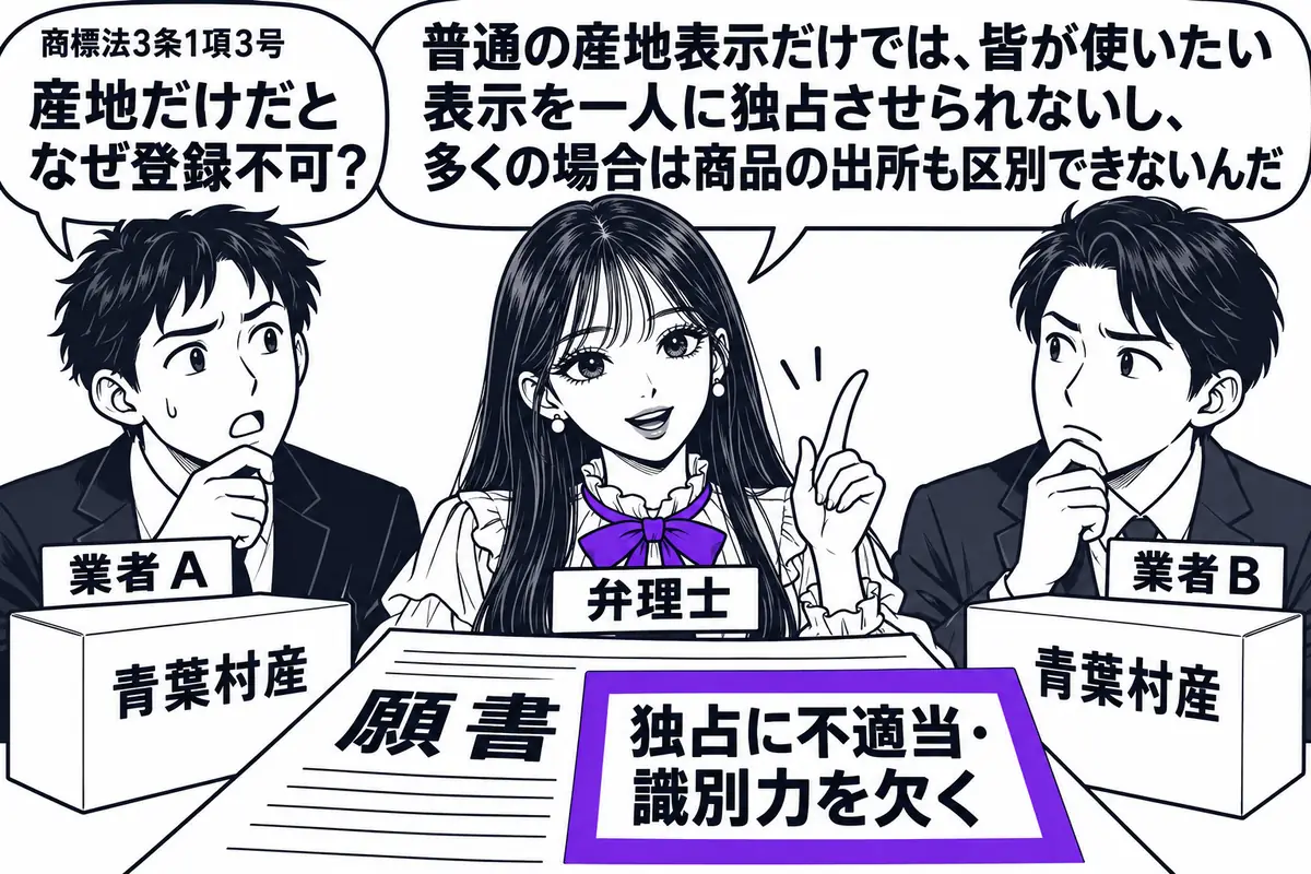 先生が中央の弁理士役（札「弁理士」）。左右の販売業者二人（札「業者Ａ」「業者Ｂ」）が、同じ産地表示だけを付けた商品の箱を置く。手前の願書に添えた「独占に不適当・識別力を欠く」の説明票をヴァイオレットの枠で囲む。先生の吹き出し「普通の産地表示