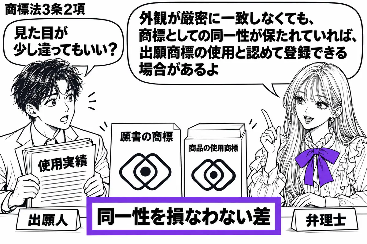 先生が右の相談机にいる弁理士役（札「弁理士」）。左に使用実績の資料を持つ男性（札「出願人」）。机には願書の商標と商品の使用商標を並べ、外観の小さな違いを墨色で描く。両者の下の「同一性を損なわない差」の付箋をヴァイオレットの枠で囲む。先生の吹