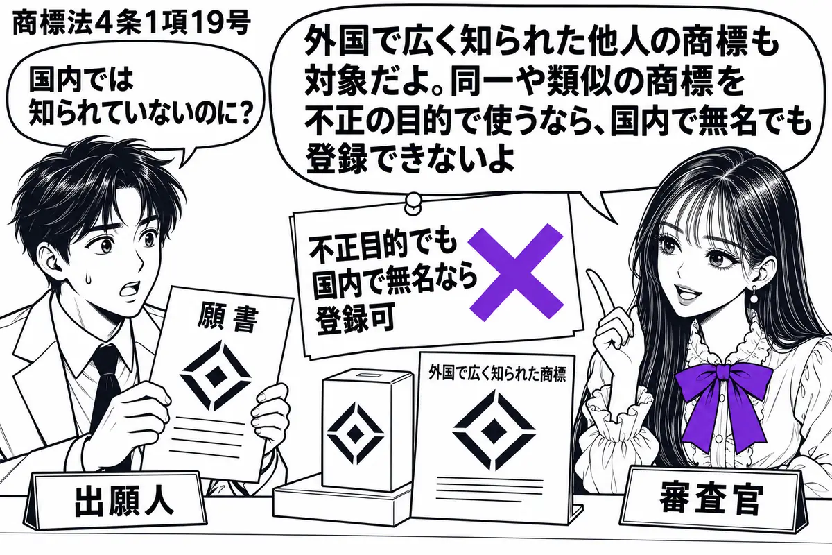 先生が右の窓口にいる審査官役（札「審査官」）。左の男性（札「出願人」）が願書を出し、机には外国で知られた商標と同じ図柄の商品見本。「不正目的でも国内で無名なら登録可」の付箋にヴァイオレットの×印。先生の吹き出し「外国で広く知られた他人の商標