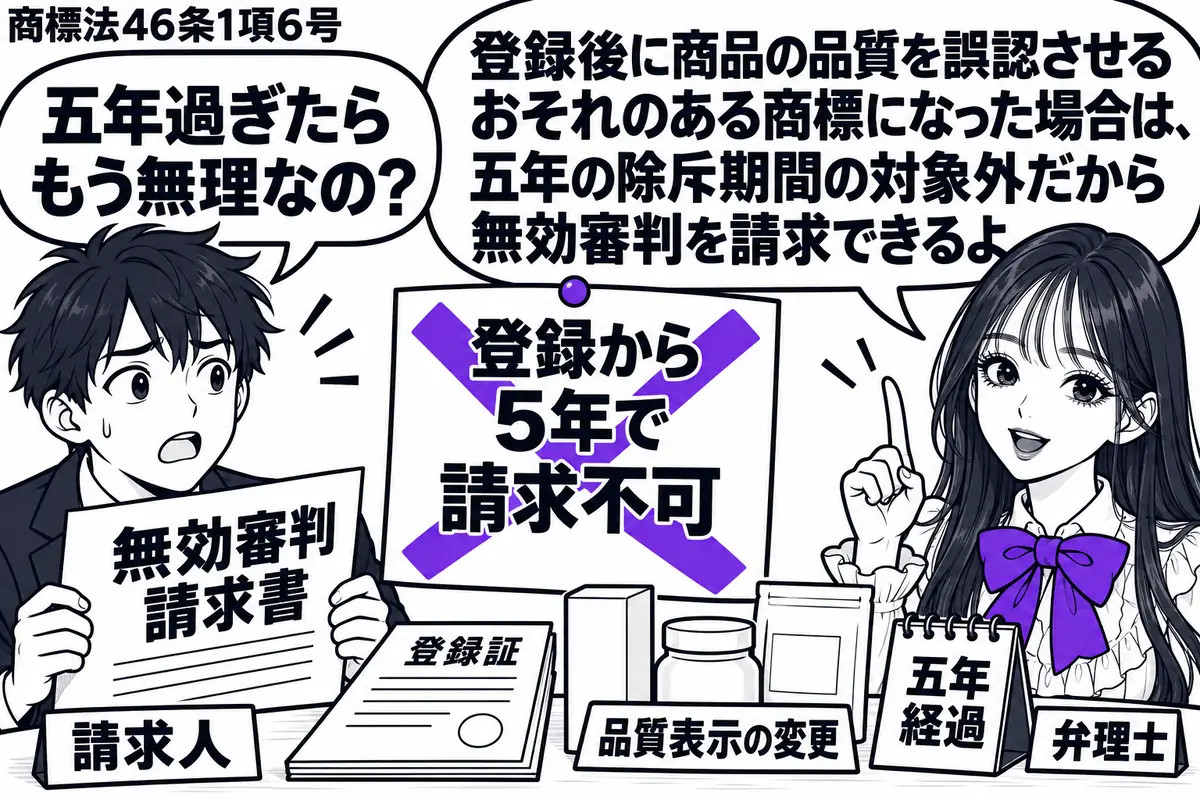 先生が右にいる弁理士役(札「弁理士」)。左の男性(札「請求人」)が無効審判請求書を持つ。机に登録証と品質表示の変わった商品見本、五年経過の暦。「登録から5年で請求不可」の付箋にヴァイオレットの×印。先生の吹き出し「登録後に商品の品質を誤認さ