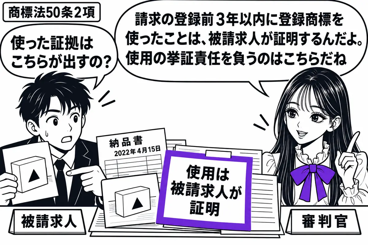 先生が机の右で審判官役(札「審判官」)。左の男性(札「被請求人」)が、登録商標を付した商品の写真と日付入りの納品書を机に広げている。中央の証拠書類に添えた「使用は被請求人が証明」の付箋をヴァイオレットの枠で囲む。先生の吹き出し「請求の登録前