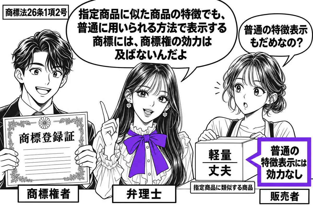 先生が中央で弁理士役(札「弁理士」)。左の男性(札「商標権者」)が商標登録証を持ち、右の女性(札「販売者」)が指定商品に類似する商品の箱を置いている。箱には普通の文字で特徴を表示。その横の「普通の特徴表示には効力なし」の付箋をヴァイオレット