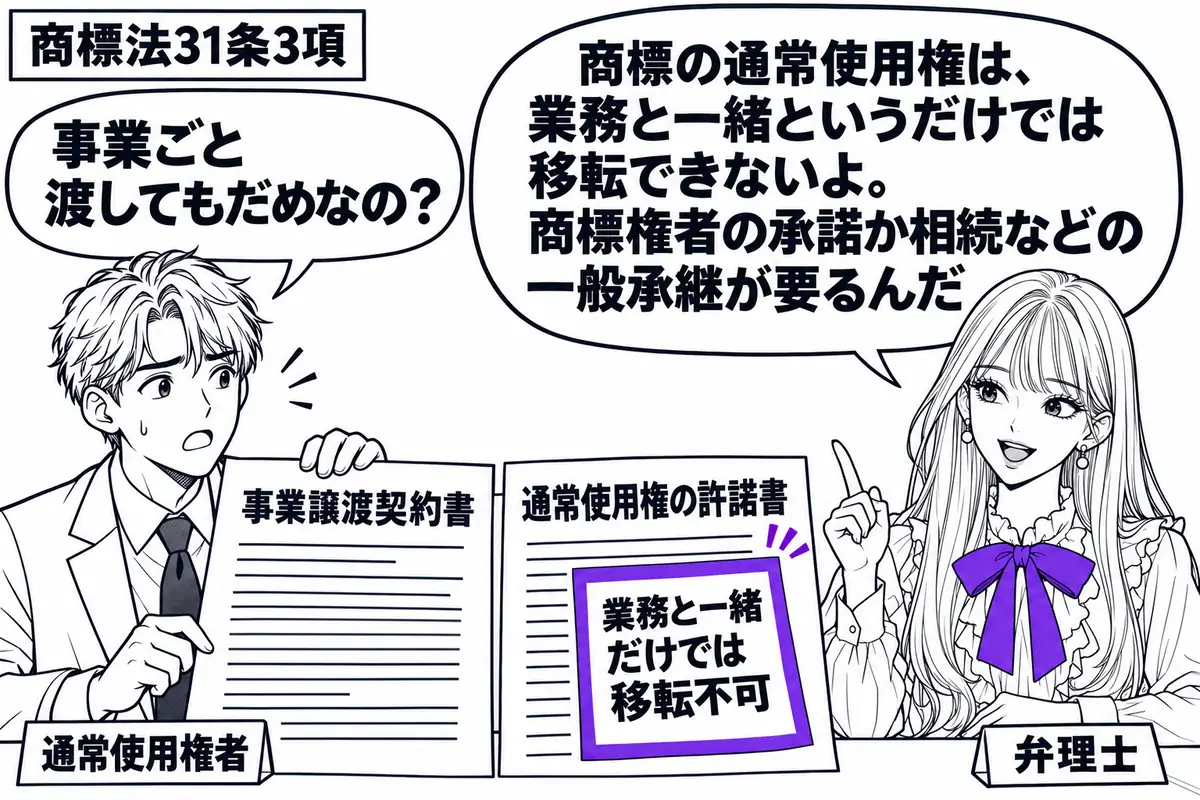先生が机の右で弁理士役(札「弁理士」)。左の男性(札「通常使用権者」)が事業譲渡契約書と通常使用権の許諾書を並べている。許諾書に添えた「業務と一緒だけでは移転不可」の付箋をヴァイオレットの枠で囲む。先生の吹き出し「商標の通常使用権は、業務と