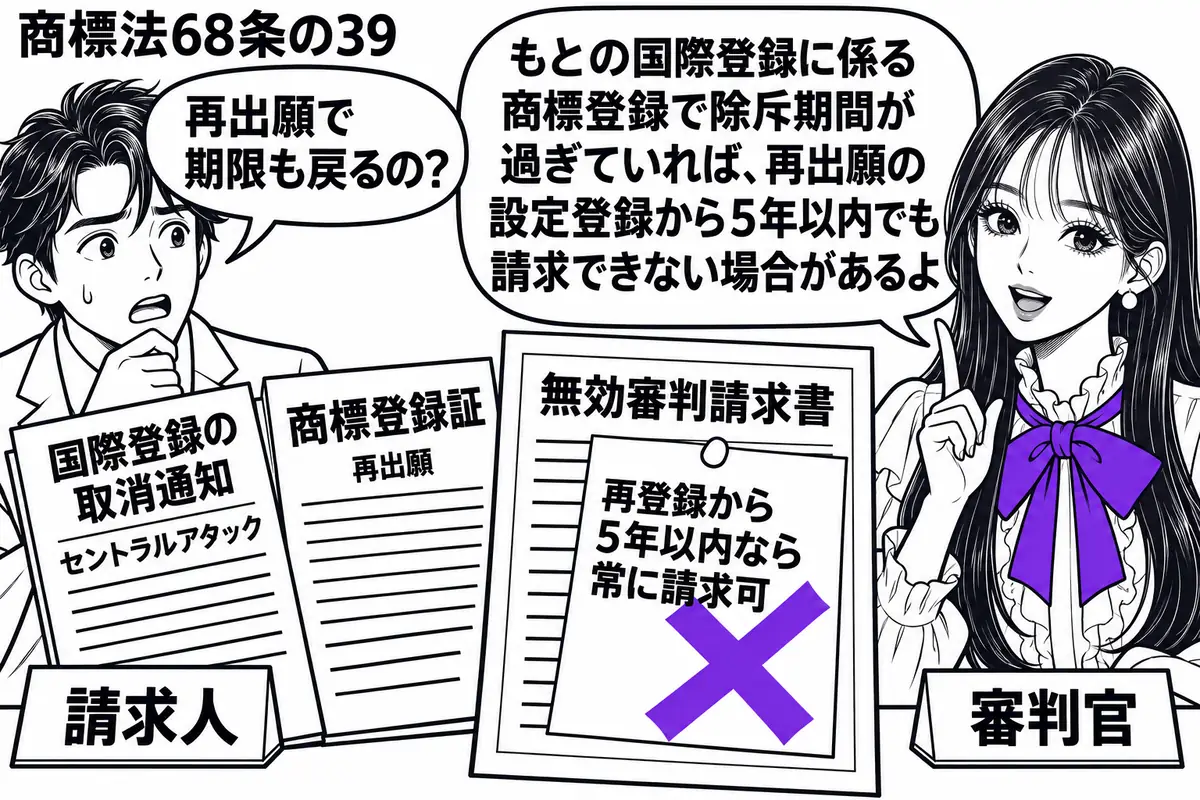 先生が机の右で審判官役(札「審判官」)。左の男性(札「請求人」)の前に、セントラルアタックによる国際登録の取消通知と再出願の商標登録証が並ぶ。無効審判請求書の「再登録から5年以内なら常に請求可」の付箋にヴァイオレットの×印。先生の吹き出し「