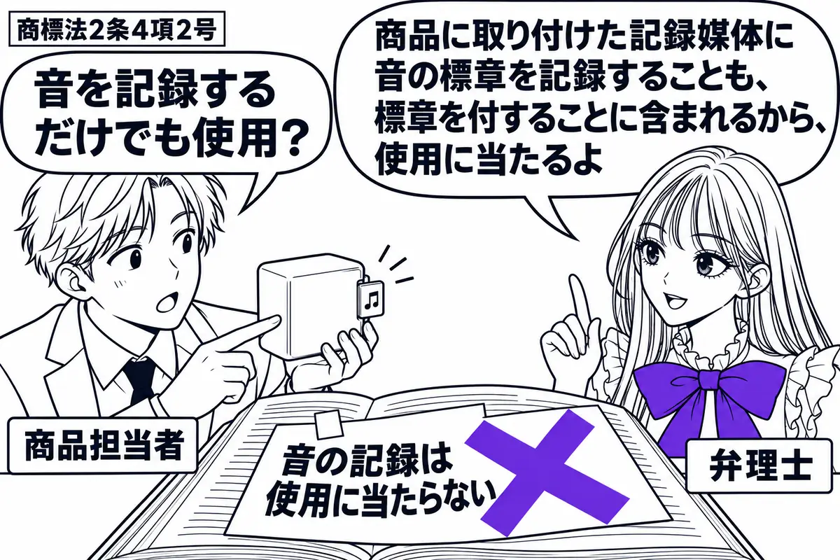 先生が弁理士役（札「弁理士」）で右の相談机に座る。左の男性（札「商品担当者」）が、音の標章を記録した小さな記録媒体を取り付けた商品を見せる。机の説明書に貼った「音の記録は使用に当たらない」の付箋に大きなヴァイオレットの×印。先生の吹き出し「
