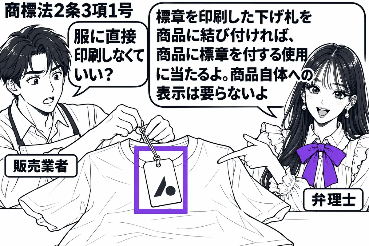 先生が弁理士役（札「弁理士」）で右に立つ。左の男性（札「販売業者」）が、標章のないシャツに標章入りの下げ札を紐で結び付けている。机の上には同じシャツを広げ、結ばれた下げ札をヴァイオレットの枠で囲む。先生の吹き出し「標章を印刷した下げ札を商品