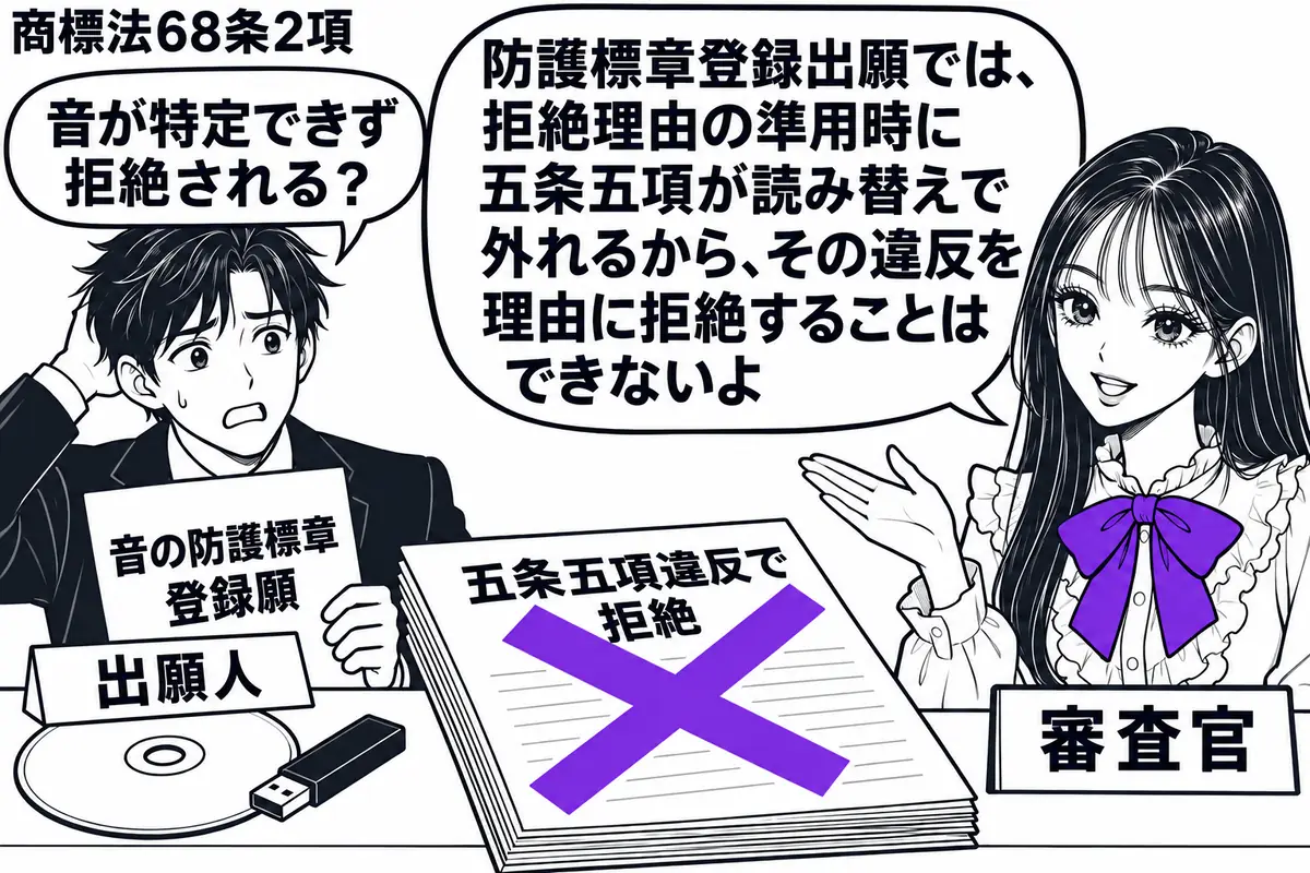 先生が審査官役（札「審査官」）で右に立つ。左の男性（札「出願人」）が音の防護標章登録願を持ち、机には標章を特定できない音の記録物件。隣の審査メモ「五条五項違反で拒絶」にヴァイオレットの×印。先生の吹き出し「防護標章登録出願では、拒絶理由の準