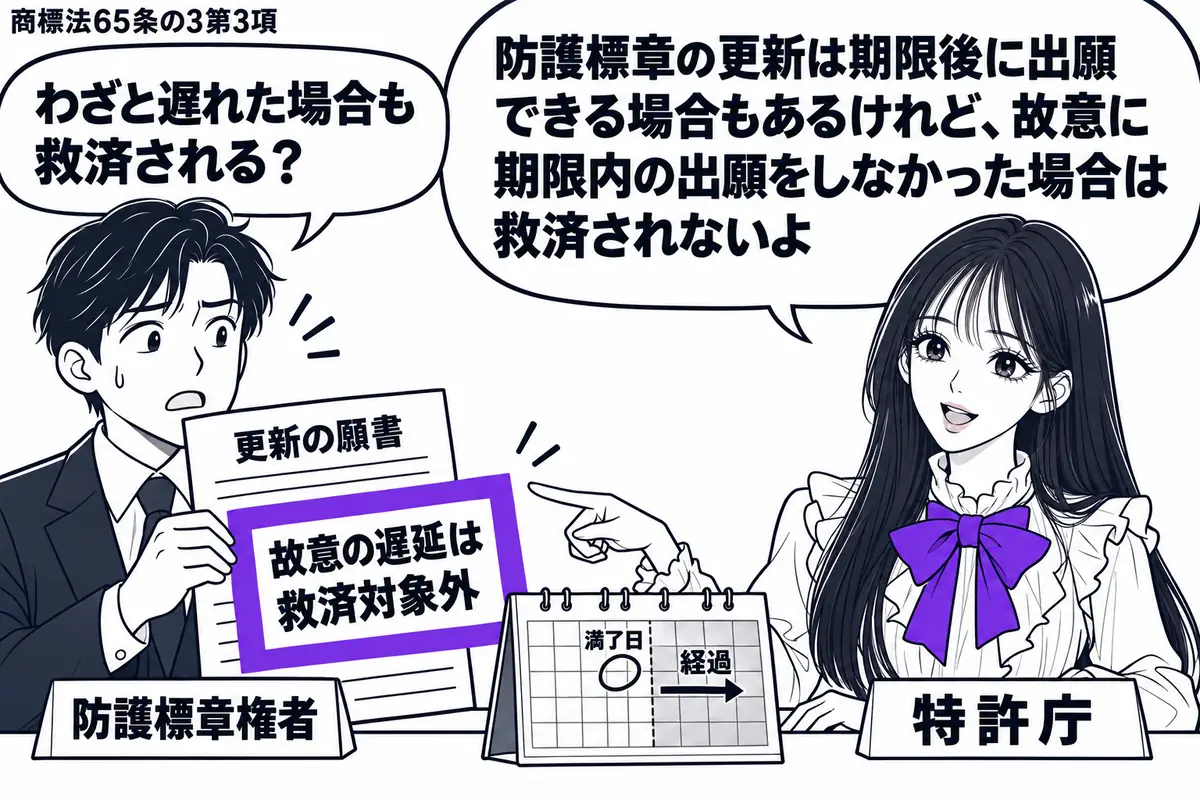 先生が窓口の右に立つ特許庁役（札「特許庁」）。左に更新の願書を持つ男性（札「防護標章権者」）。机の上に満了日を過ぎたカレンダーを置き、願書の付箋「故意の遅延は救済対象外」をヴァイオレットの枠で囲む。先生の吹き出し「防護標章の更新は期限後に出