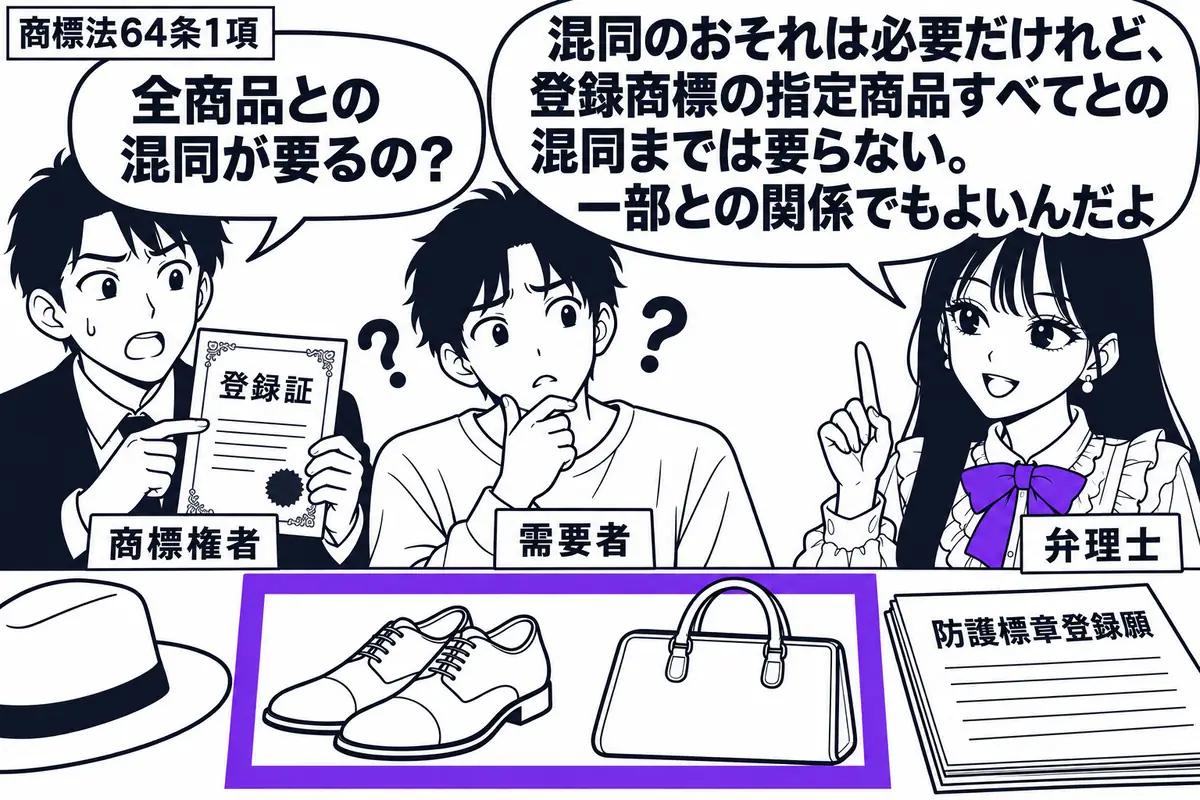 先生が弁理士役（札「弁理士」）で右に立つ。左に登録証を持つ男性（札「商標権者」）。机には指定商品の靴と帽子、防護標章登録願の横には別の商品である鞄を置く。靴と鞄だけを一緒に見て迷う客（札「需要者」）を中央に描き、その組合せをヴァイオレットの