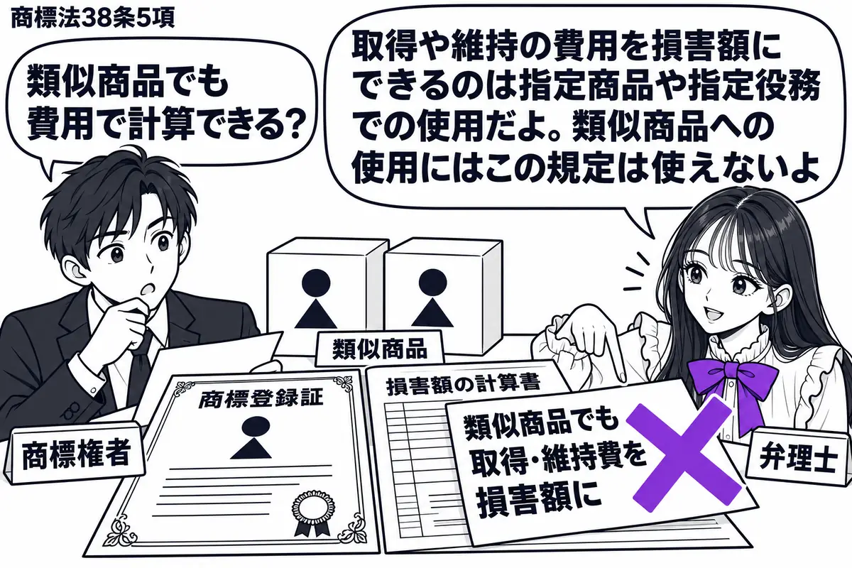 先生が机の右に座る弁理士役(札「弁理士」)。左の男性(札「商標権者」)が商標登録証と損害額の計算書を広げ、机に同じ商標を付けた類似商品の箱を置く。計算書の付箋「類似商品でも取得・維持費を損害額に」にヴァイオレットの×印。先生の吹き出し「取得