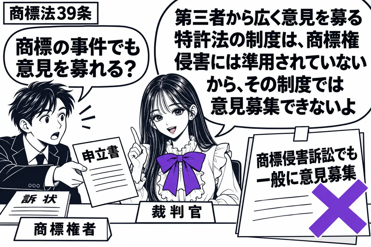 先生が中央の法廷の机に座る裁判官役(札「裁判官」)。左の男性(札「商標権者」)が訴状を置き、第三者の意見募集を求める申立書を差し出す。申立書の付箋「商標侵害訴訟でも一般に意見募集」にヴァイオレットの×印。先生の吹き出し「第三者から広く意見を