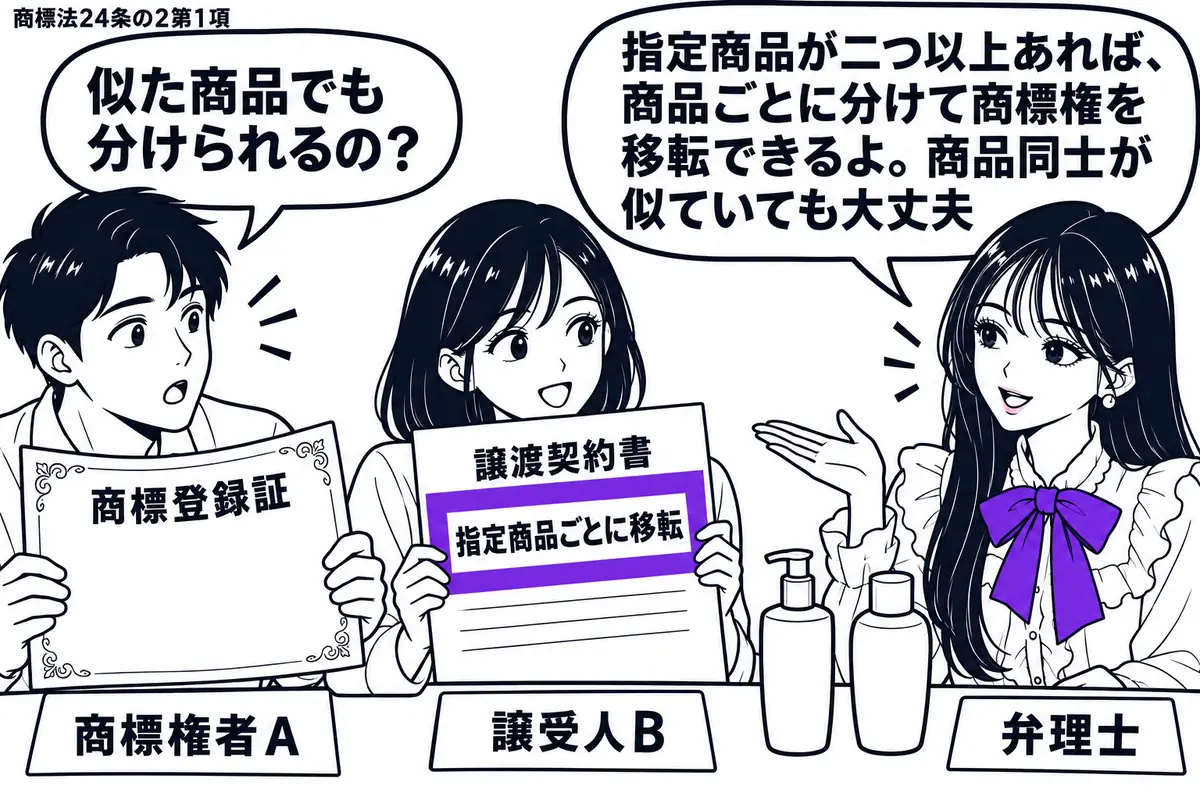 先生が右側の相談机にいる弁理士役(札「弁理士」)。左に商標登録証を広げる男性(札「商標権者A」)、中央に譲渡契約書を持つ女性(札「譲受人B」)。机には形の似た二つの商品模型を置き、契約書の「指定商品ごとに移転」をヴァイオレットの枠で囲む。先