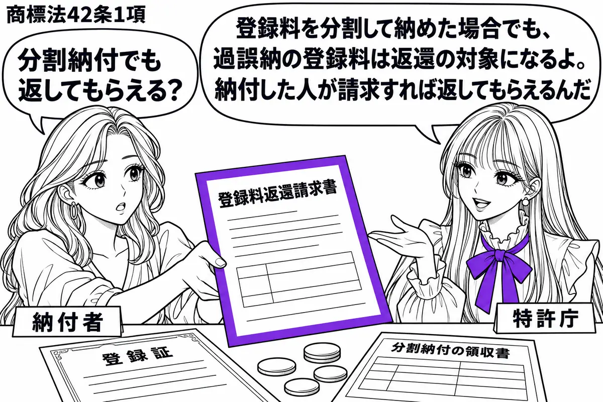 先生が特許庁の窓口役(札「特許庁」)で右にいる。左の女性(札「納付者」)が登録料の返還請求書を差し出す。机には登録証と分割納付の領収書があり、払い過ぎた分を数える硬貨を添える。返還請求書をヴァイオレットの枠で囲む。先生の吹き出し「登録料を分
