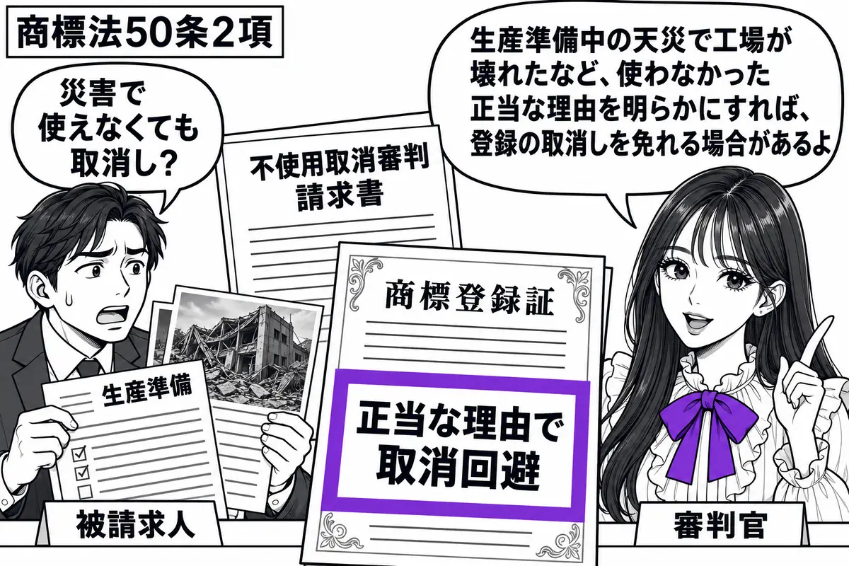 先生が右側の審判席にいる審判官役(札「審判官」)。左に工場の被災写真と生産準備の資料を差し出す男性(札「被請求人」)。中央に不使用取消審判の請求書を置き、手前の商標登録証に添えた「正当な理由で取消回避」の付箋をヴァイオレットの枠で囲む。先生