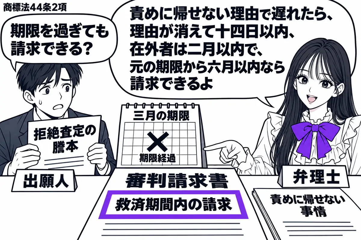 先生が右側の相談席にいる弁理士役(札「弁理士」)。左に拒絶査定の謄本を持つ男性(札「出願人」)。机には通常の三月の期限を過ぎた暦と、責めに帰せない事情の資料。審判請求書の「救済期間内の請求」をヴァイオレットの枠で囲む。先生の吹き出し「責めに