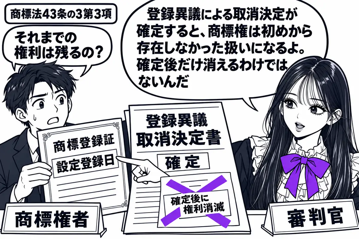 先生が右側の審理机にいる審判官役(札「審判官」)。左に商標登録証を持つ男性(札「商標権者」)。中央に登録異議による確定した取消決定書を置き、男性が貼った「確定後に権利消滅」の付箋に大きなヴァイオレットの×印。先生は登録証の設定登録日を指して