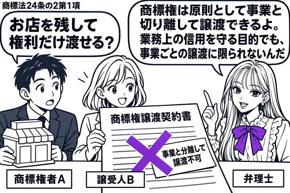 先生が相談机の右に座る(札「弁理士」)。左に店の模型を手元に残す男性(札「商標権者A」)、中央に商標権の譲渡契約書を受け取る女性(札「譲受人B」)。契約書に付いた「事業と分離して譲渡不可」の付箋に大きなヴァイオレットの×印。先生の吹き出し「
