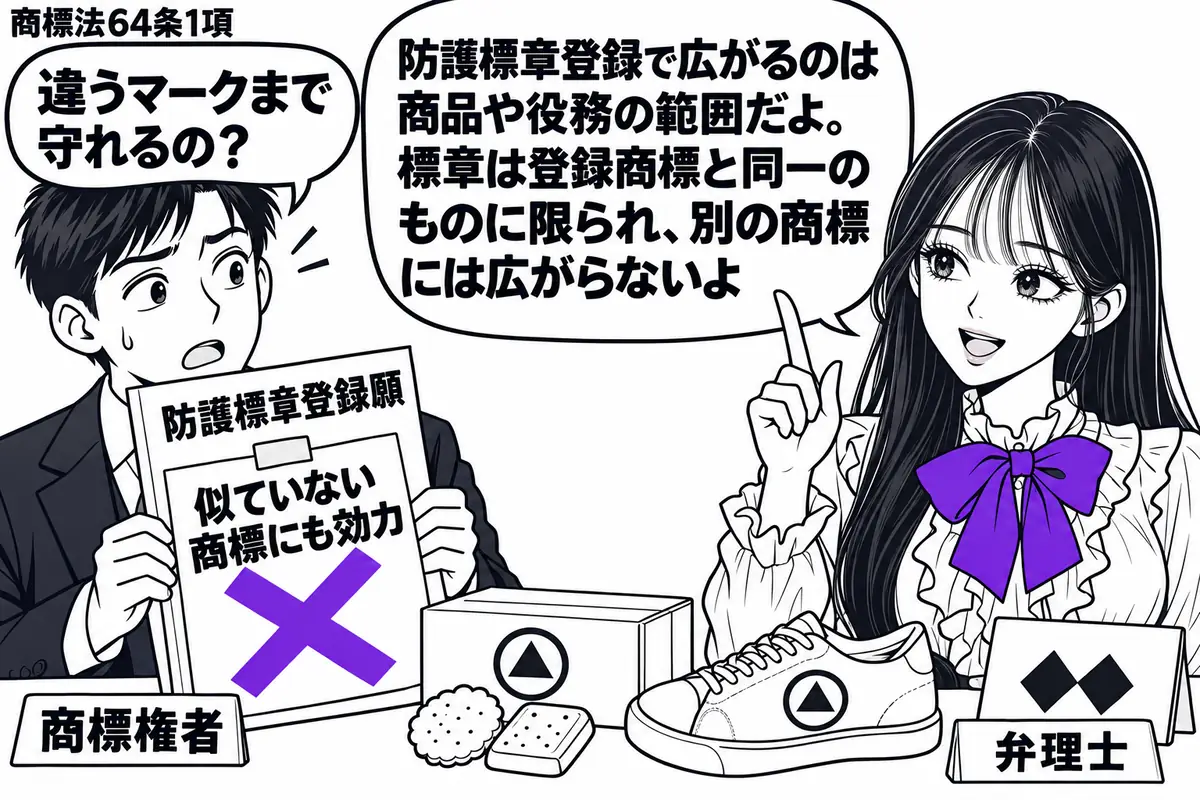 先生が相談机の右に立つ（札「弁理士」）。左に防護標章登録願を持つ男性（札「商標権者」）。机には同じ図形商標を付けた菓子箱と靴、別の図形の見本を置く。願書に付いた「似ていない商標にも効力」の付箋に大きなヴァイオレットの×印。先生の吹き出し「防