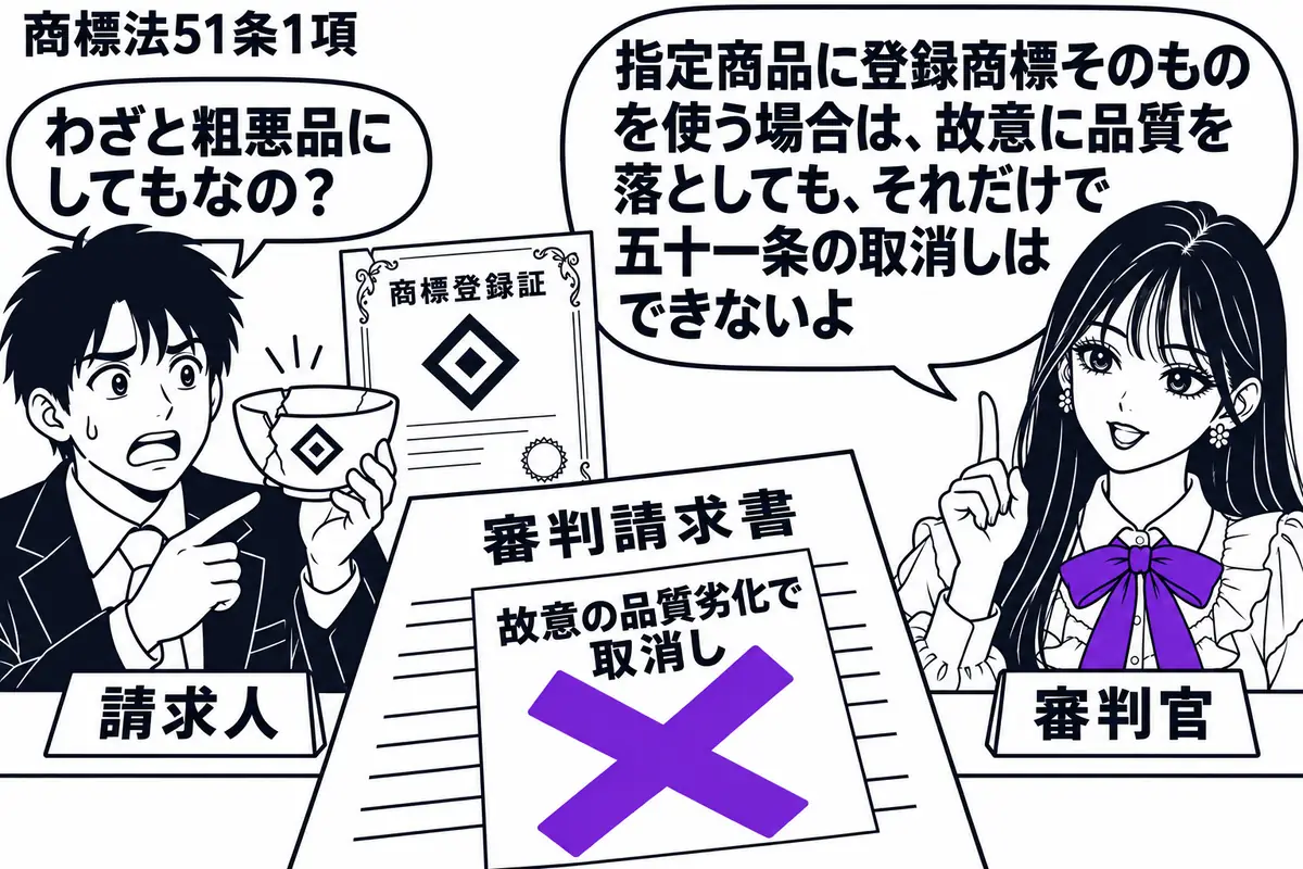 先生が審判の机の右に座る(札「審判官」)。左にひび割れた指定商品の茶碗を示す男性(札「請求人」)。茶碗と商標登録証には同じ図形商標。中央の審判請求書に付いた「故意の品質劣化で取消し」の付箋に大きなヴァイオレットの×印。先生の吹き出し「指定商
