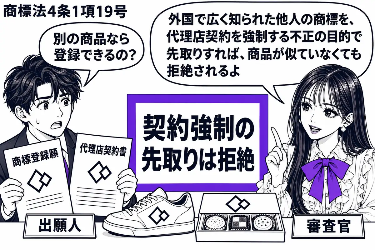 先生が審査窓口の右に立つ（札「審査官」）。左に商標登録願と代理店契約書を握る男性（札「出願人」）。机には海外で知られた商標の付いた靴と、同じ商標の菓子箱。願書の横に置いた「契約強制の先取りは拒絶」の札をヴァイオレットの枠で囲む。先生の吹き出
