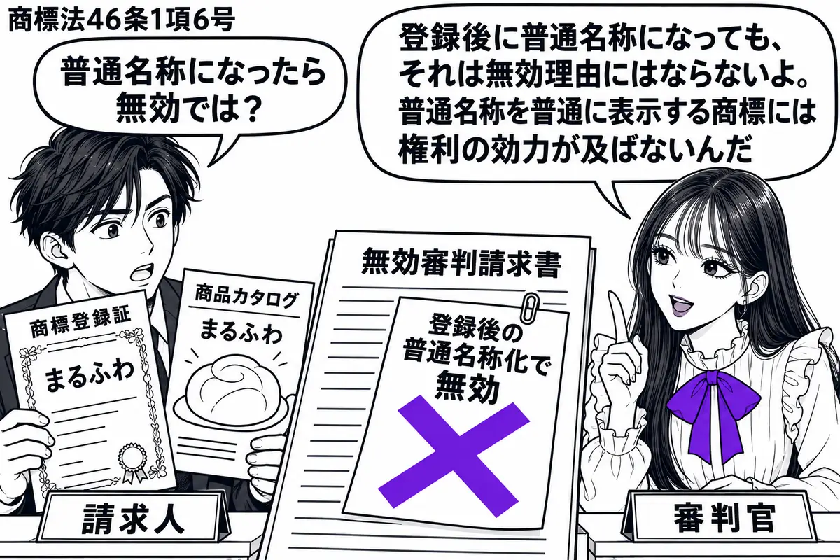 先生が審判の机の右に座る(札「審判官」)。左に商標登録証と同じ名称が普通名称として載った商品カタログを示す男性(札「請求人」)。中央の無効審判請求書に付いた「登録後の普通名称化で無効」の付箋に大きなヴァイオレットの×印。先生の吹き出し「登録