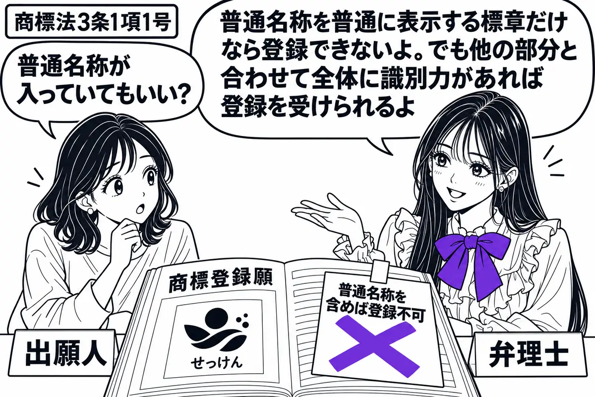 先生が相談机の右に座る（札「弁理士」）。左に商標登録願を開く女性（札「出願人」）。願書の商標見本には独創的な図形と小さな「せっけん」の文字。見本に付いた「普通名称を含めば登録不可」の付箋に大きなヴァイオレットの×印。先生の吹き出し「普通名称