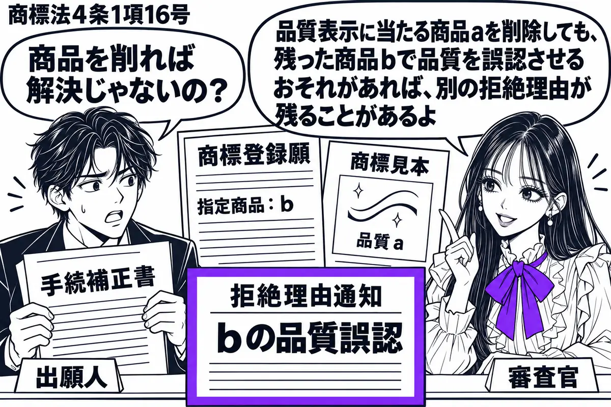 先生が机の右で審査官役（札「審査官」）。左に手続補正書を持つ男性（札「出願人」）。中央に指定商品をｂだけにした商標登録願と、品質を示す商標見本。「ｂの品質誤認」の拒絶理由通知をヴァイオレットの枠で囲む。先生の吹き出し「品質表示に当たる商品ａ