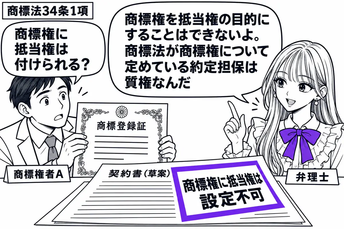 先生が弁理士役(札「弁理士」)で机の右。左の商標権者(札「商標権者A」)が「商標登録証」を持ち、机には担保について相談するための契約書の草案が広げられている。草案に添えた「商標権に抵当権は設定不可」の付箋をヴァイオレットの枠で囲む。先生の吹
