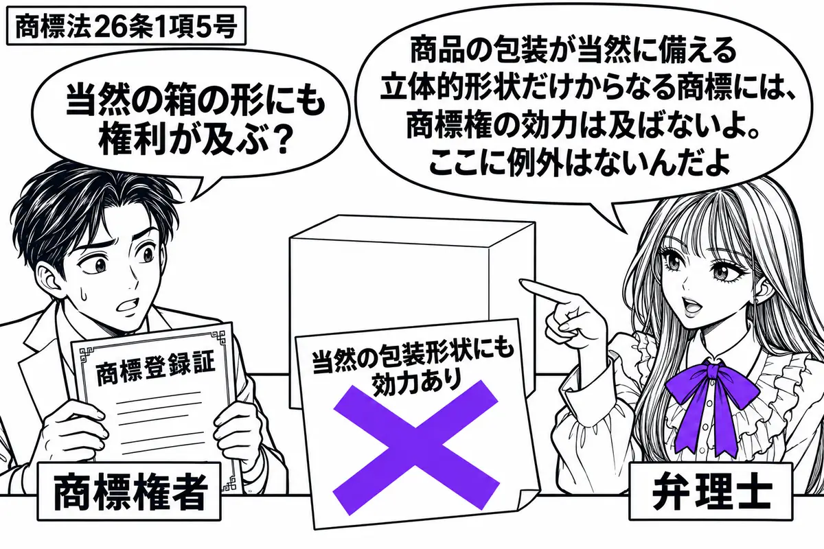 先生が机の右で弁理士役(札「弁理士」)。左に商標登録証を持つ男性(札「商標権者」)。中央に装飾のない包装箱の模型を置き、「当然の包装形状にも効力あり」の付箋に大きなヴァイオレットの×印。先生が箱の形だけを示し、男性が登録証と見比べる。先生の
