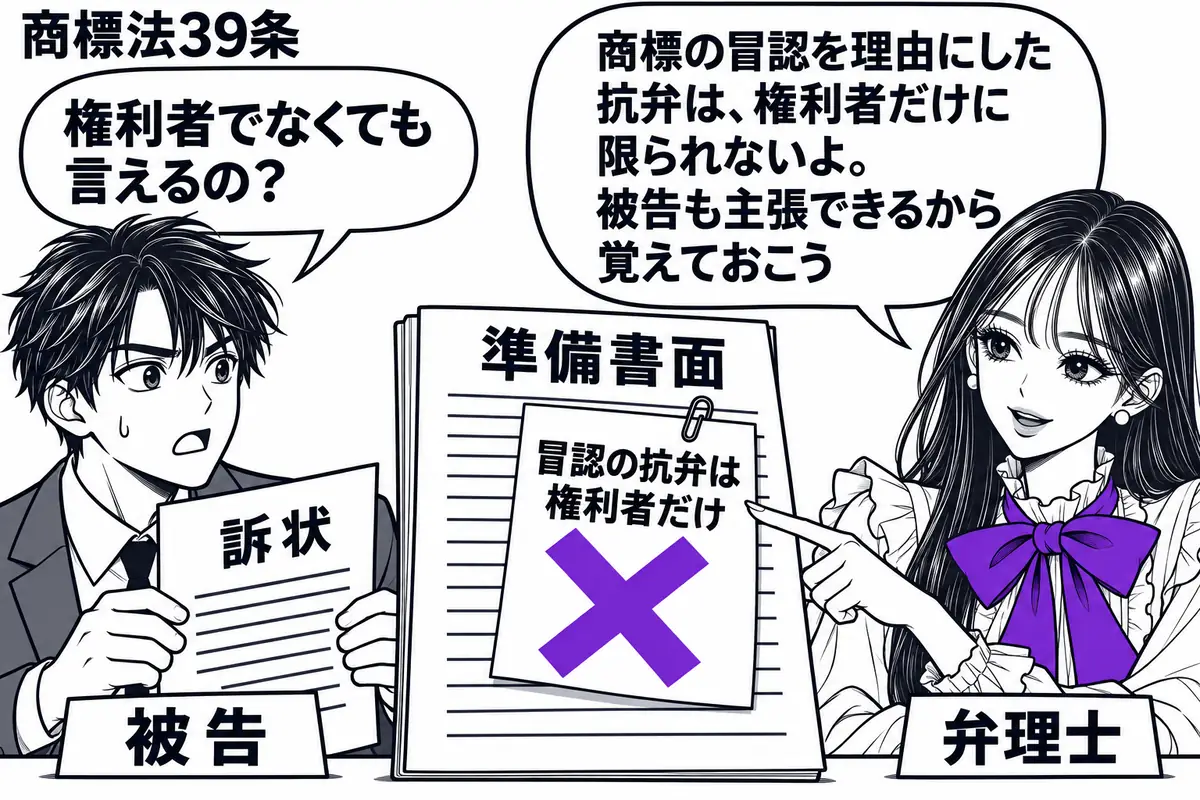 先生が弁理士役(札「弁理士」)で右側の相談机に座る。左に訴状を持った男性(札「被告」)、中央に「冒認の抗弁は権利者だけ」と書いた付箋を載せた準備書面。付箋に大きなヴァイオレットの×印。先生は男性の書面を指し、提出できることを伝えている。先生