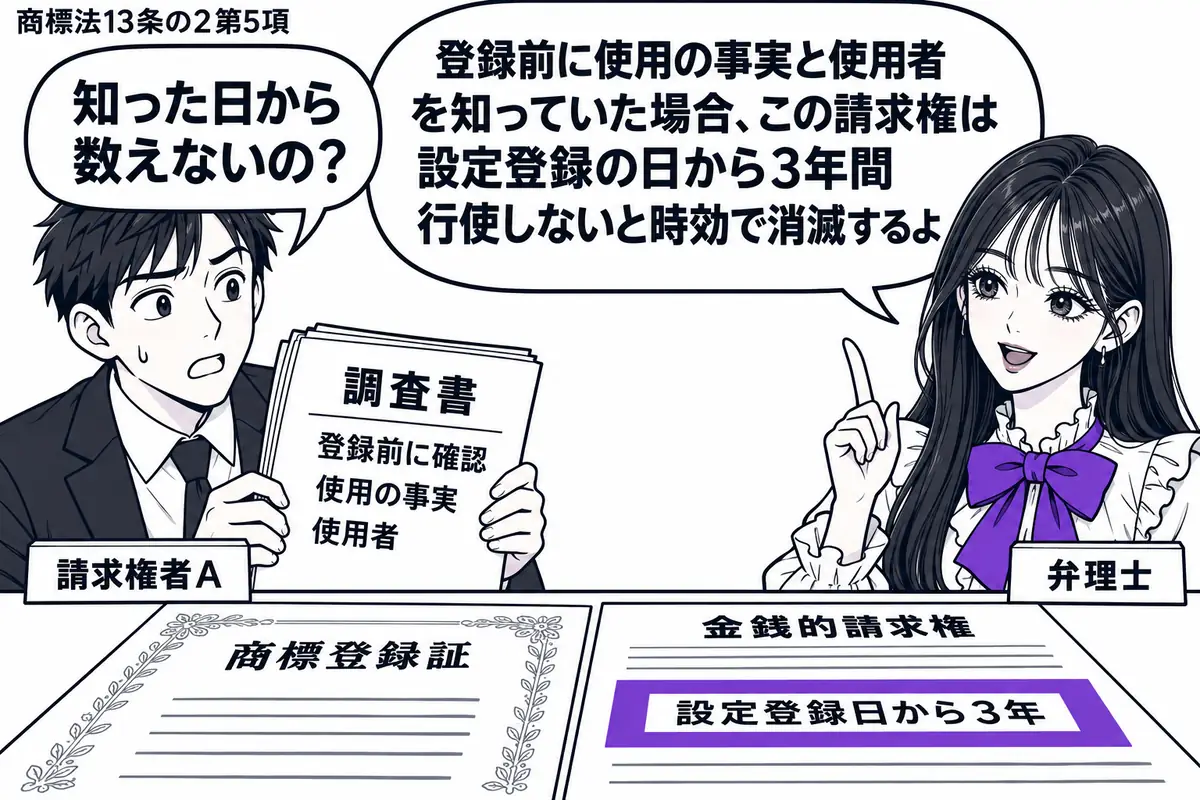 先生が弁理士役（札「弁理士」）で机の右。左の商標権者（札「請求権者Ａ」）が、登録前に使用の事実と使用者を確認した調査書を持つ。机に「商標登録証」と金銭的請求権の説明書を置き、「設定登録日から３年」の欄をヴァイオレットの枠で囲む。先生の吹き出