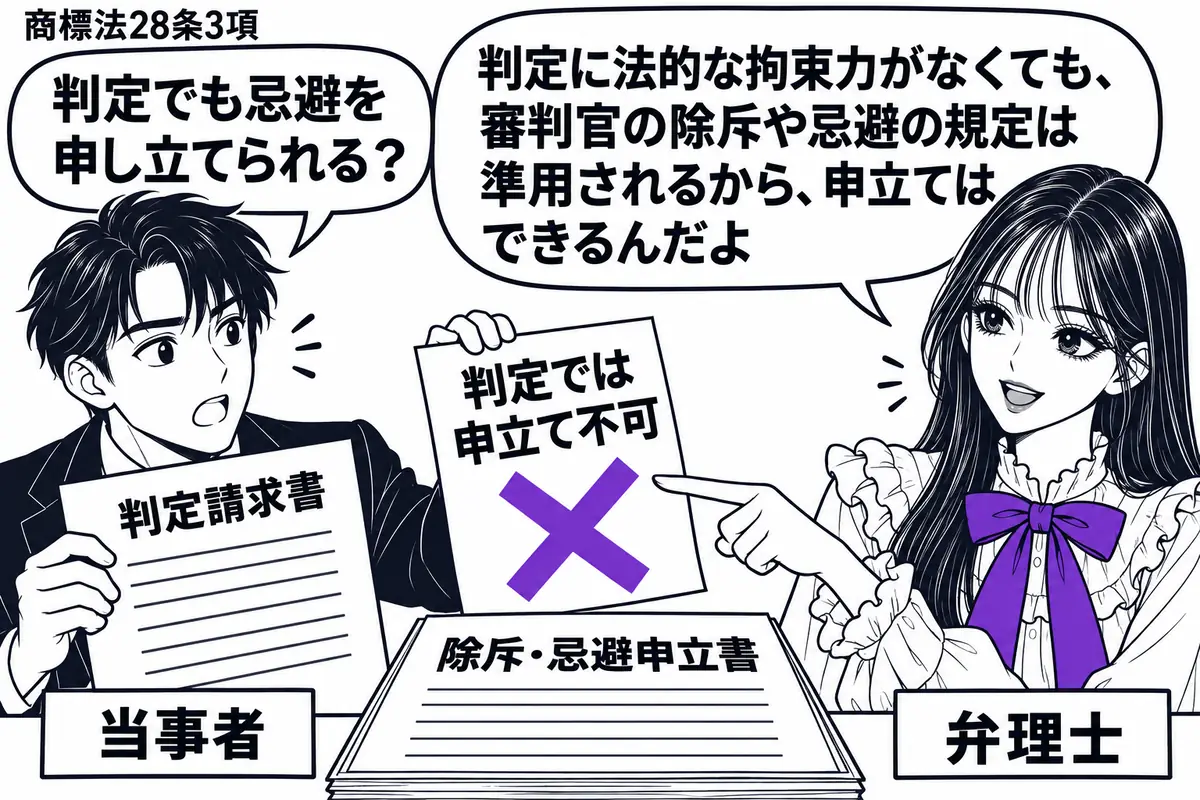 先生が右に立つ弁理士役(札「弁理士」)。左に「判定請求書」を持つ男性(札「当事者」)、中央の机には審判官の「除斥・忌避申立書」。男性が貼った「判定では申立て不可」の付箋にヴァイオレットの×印を付ける。先生の吹き出し「判定に法的な拘束力がなく