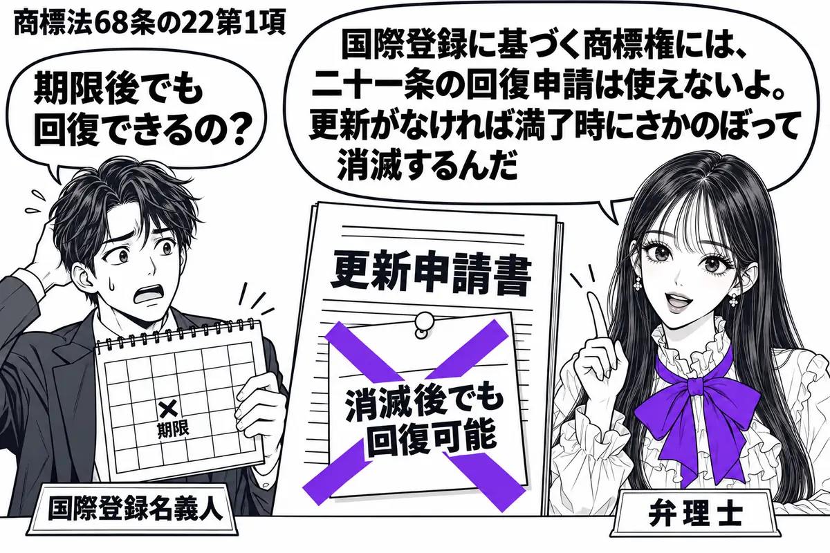先生が右の相談机に立つ弁理士役(札「弁理士」)。左に期限を過ぎたカレンダーを持つ男性(札「国際登録名義人」)。中央の「更新申請書」に貼られた「消滅後でも回復可能」の付箋に、大きなヴァイオレットの×印。先生の吹き出し「国際登録に基づく商標権に