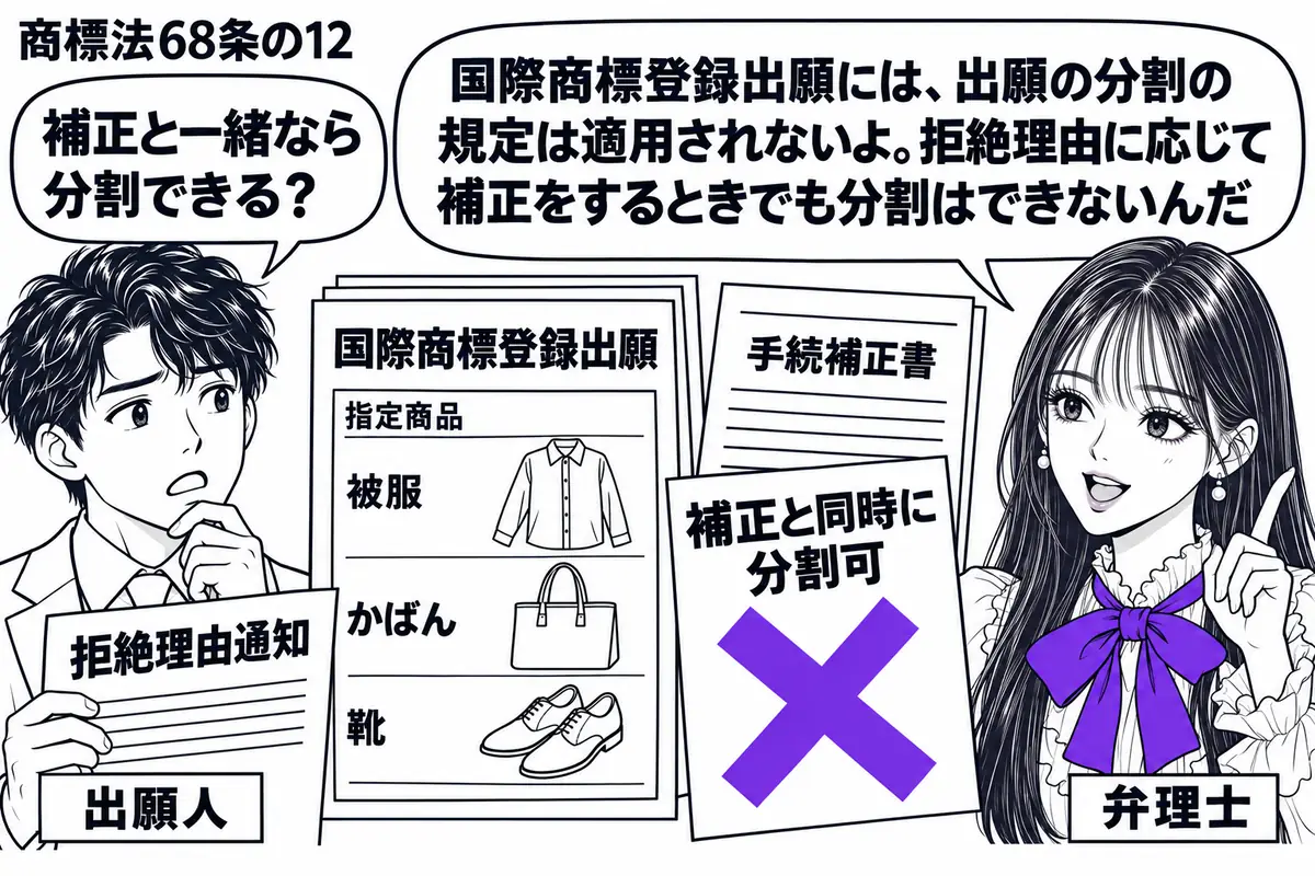 先生が右に立つ弁理士役（札「弁理士」）。左に「拒絶理由通知」を持つ男性（札「出願人」）。中央には複数の商品を記した国際商標登録出願の書類と「手続補正書」があり、その横の「補正と同時に分割可」の付箋にヴァイオレットの×印。先生の吹き出し「国際