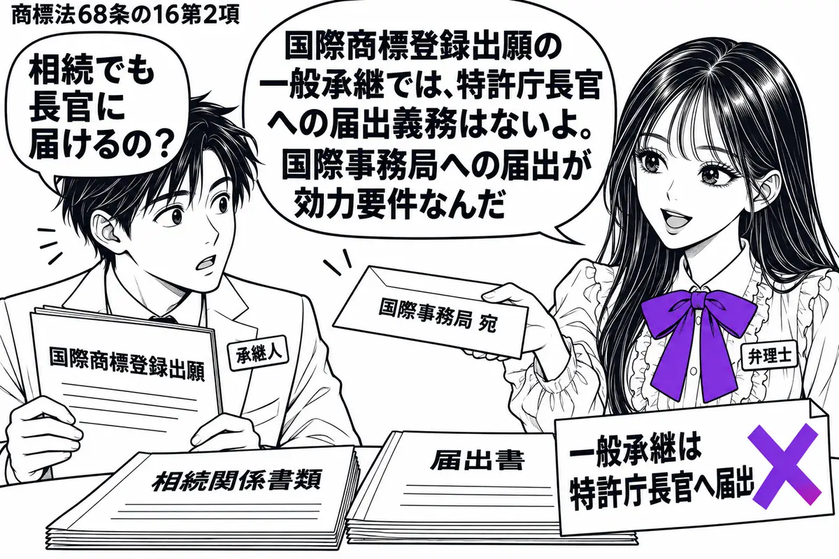 先生が弁理士役(札「弁理士」)で右側。左に国際商標登録出願の書類を抱えた男性(札「承継人」)。机に相続関係の書類と届出書を置き、「一般承継は特許庁長官へ届出」の付箋にヴァイオレットの×印。先生は国際事務局宛ての封筒を男性に差し出す。先生の吹