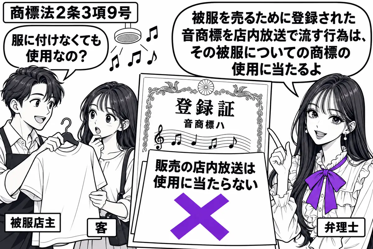 先生が弁理士役（札「弁理士」）で右の売場に立つ。左の男性（札「被服店主」）が服を女性（札「客」）へ差し出し、頭上のスピーカーから音符が流れる。中央に音商標ハの登録証を置き、「販売の店内放送は使用に当たらない」の付箋にヴァイオレットの×印。先