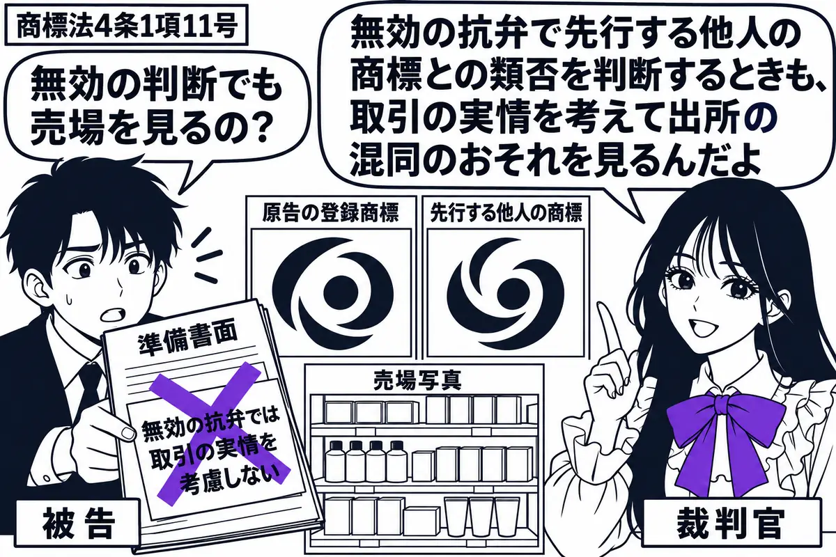 先生が右の法廷で裁判官役（札「裁判官」）。左に準備書面を差し出す男性（札「被告」）。中央に原告の登録商標と先行する他人の商標の資料を並べ、売場写真を添える。書面の「無効の抗弁では取引の実情を考慮しない」という付箋にヴァイオレットの×印。先生