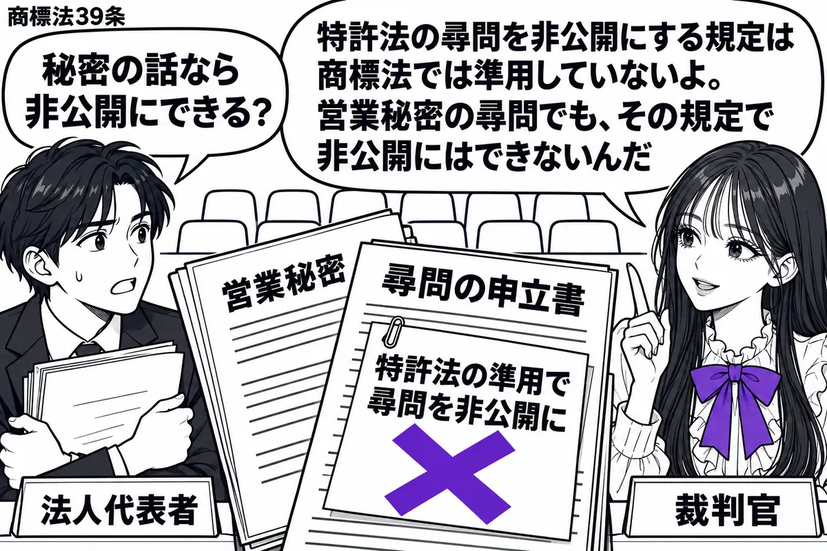 先生が右の法廷で裁判官役(札「裁判官」)。左の尋問席に書類を抱えた男性(札「法人代表者」)。中央に営業秘密の資料と尋問の申立書を置き、奥には空の傍聴席を描く。申立書の「特許法の準用で尋問を非公開に」という付箋にヴァイオレットの×印。先生の吹