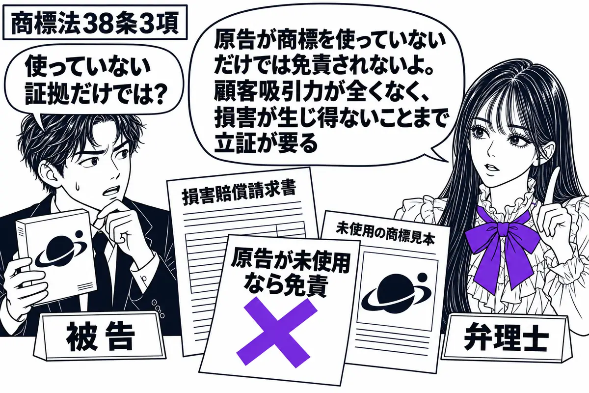 先生が弁理士役(札「弁理士」)で机の右。左に商標の付いた商品箱を抱える男性(札「被告」)、中央に「損害賠償請求書」と未使用の商標見本。「原告が未使用なら免責」と書かれた付箋に大きなヴァイオレットの×印。先生の吹き出し「原告が商標を使っていな
