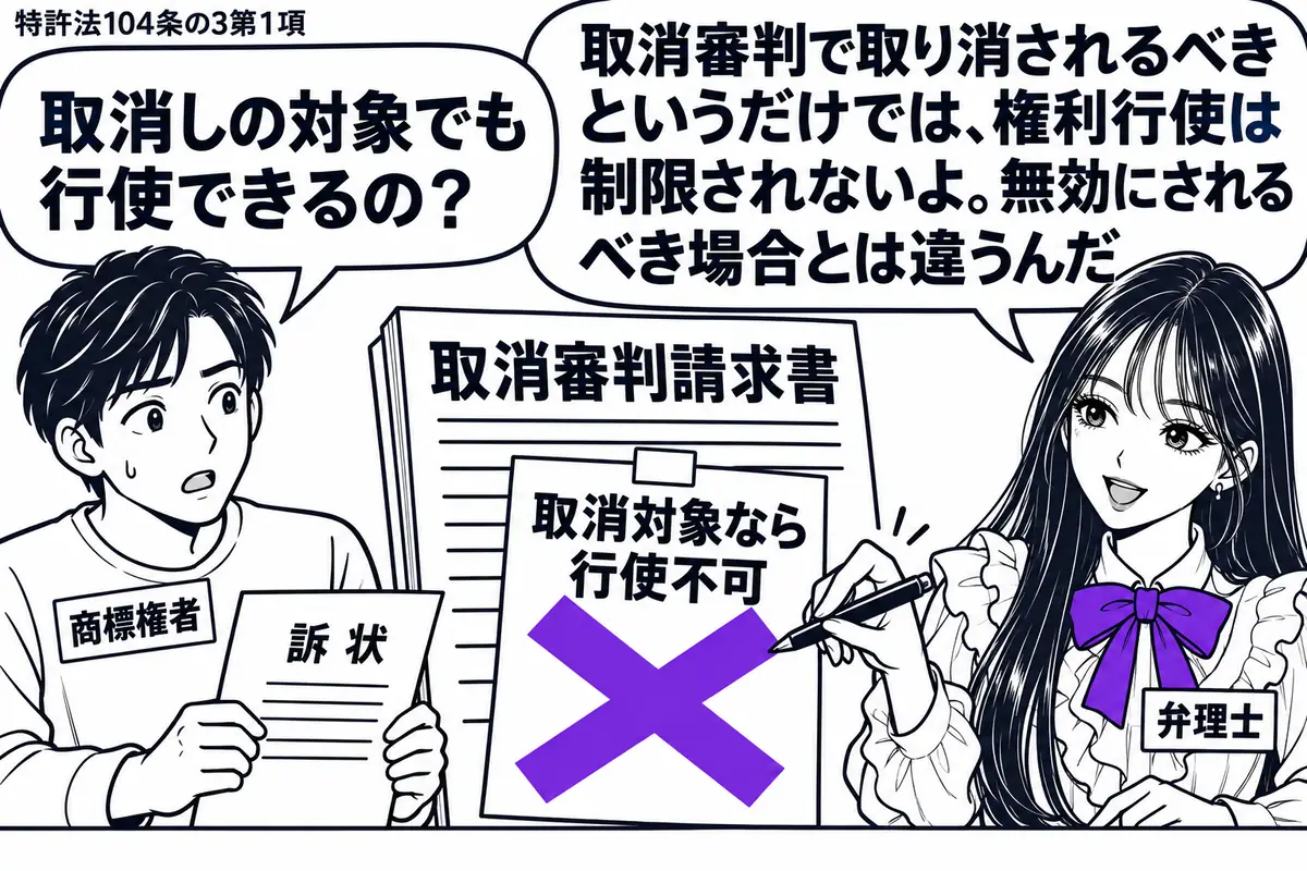 先生が机の右で弁理士役(札「弁理士」)。左に訴状を持つ男性(札「商標権者」)、中央に取消審判請求書と「取消対象なら行使不可」の付箋。先生が付箋に大きなヴァイオレットの×印を付け、訴状は男性の手元に残す。先生の吹き出し「取消審判で取り消される