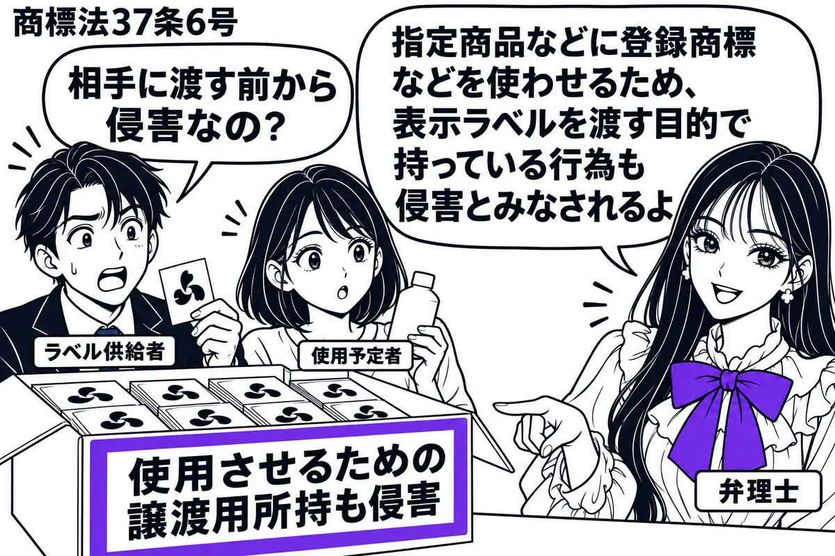 先生が机の右で弁理士役(札「弁理士」)。左の男性(札「ラベル供給者」)の足元に、他人の登録商標を印刷したラベル入りの箱。奥に指定商品と同じ商品を持つ女性(札「使用予定者」)。箱の「使用させるための譲渡用所持も侵害」という付箋をヴァイオレット