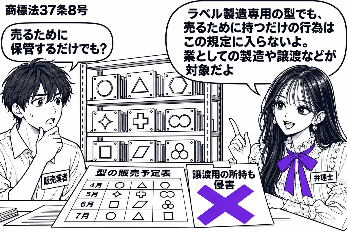 先生が倉庫の右で弁理士役(札「弁理士」)。左の男性(札「販売業者」)が、登録商標のラベルだけを作れる専用の型を棚に保管している。机に型の販売予定表を置き、「譲渡用の所持も侵害」の付箋に大きなヴァイオレットの×印。先生の吹き出し「ラベル製造専