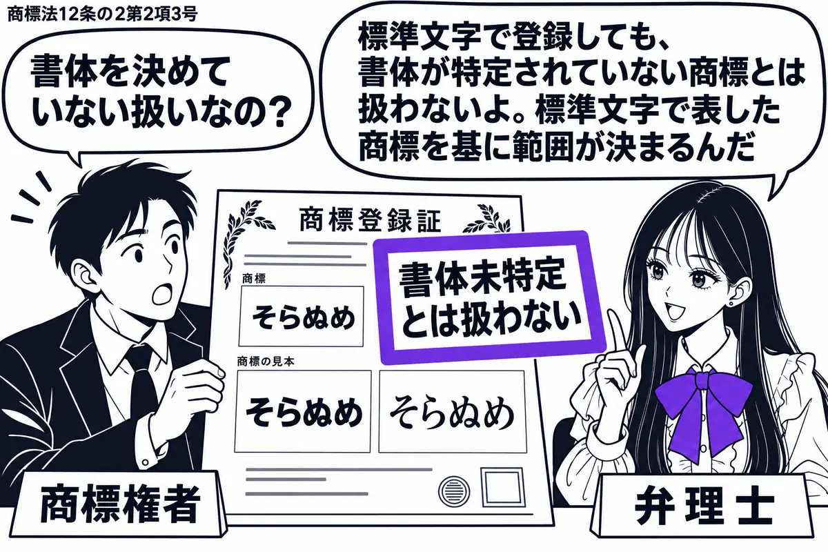 先生が相談机の右で弁理士役(札「弁理士」)。左の男性(札「商標権者」)が標準文字で記された商標登録証を広げる。中央に同じ文字を別々の書体で記した見本を置き、登録証に添えた「書体未特定とは扱わない」の付箋をヴァイオレットの枠で囲む。先生の吹き