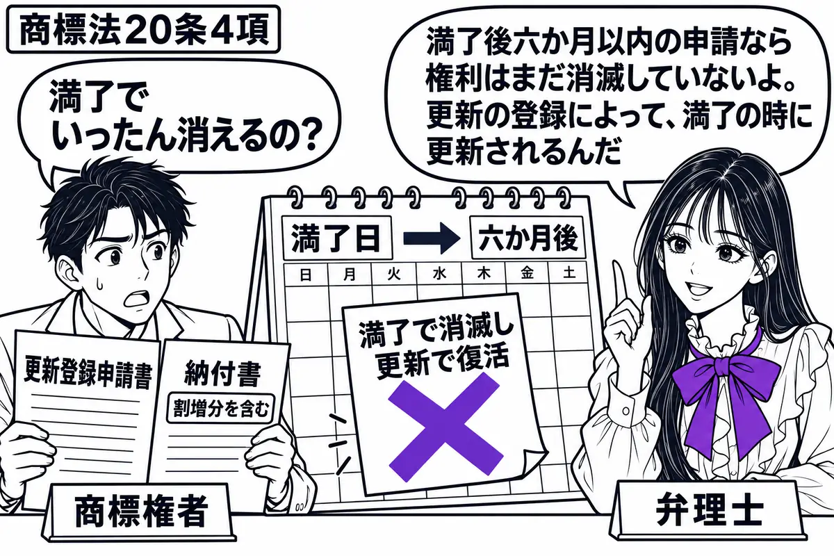 先生が弁理士役(札「弁理士」)で机の右。左の男性(札「商標権者」)が更新登録申請書と割増分を含む納付書を持つ。中央に満了日から六か月後までの暦を開き、「満了で消滅し更新で復活」の付箋にヴァイオレットの×印。先生の吹き出し「満了後六か月以内の
