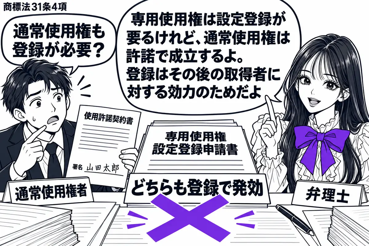 先生が弁理士役(札「弁理士」)で机の右。左の男性(札「通常使用権者」)が署名済みの使用許諾契約書を持ち、机には専用使用権の設定登録申請書も置かれる。「どちらも登録で発効」の付箋にヴァイオレットの×印。先生の吹き出し「専用使用権は設定登録が要