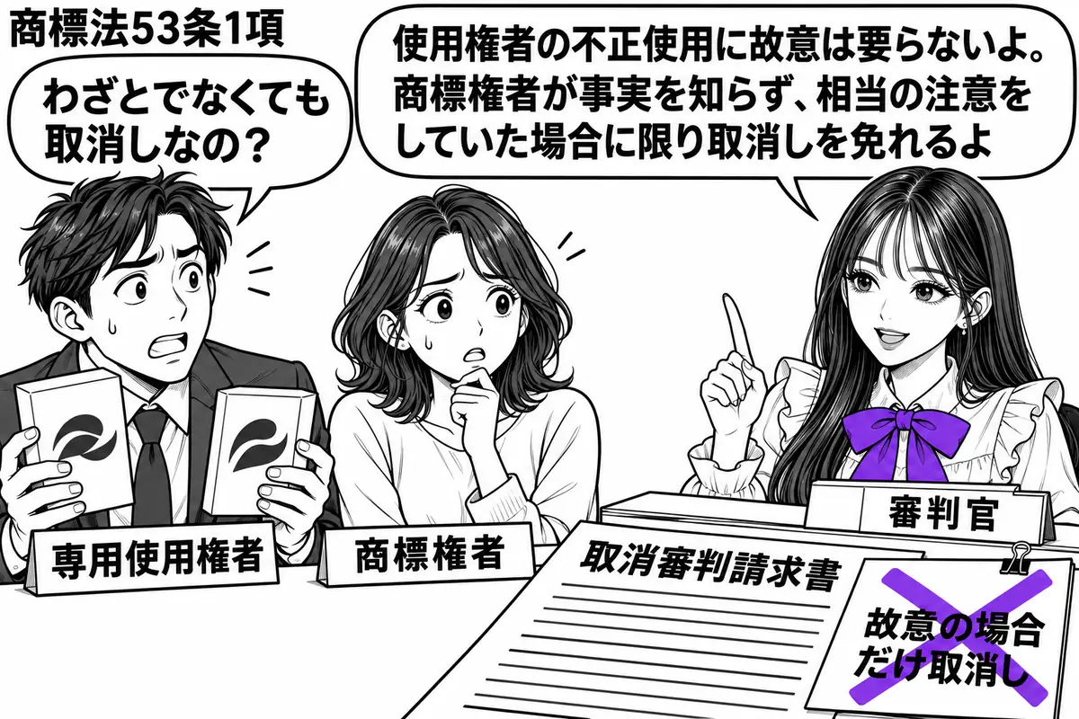 先生が審判官役(札「審判官」)で右の机。左に似た商標を付けた商品箱を持つ男性(札「専用使用権者」)、隣に心配顔の女性(札「商標権者」)。机の取消審判請求書に貼った「故意の場合だけ取消し」の付箋にヴァイオレットの×印。先生の吹き出し「使用権者