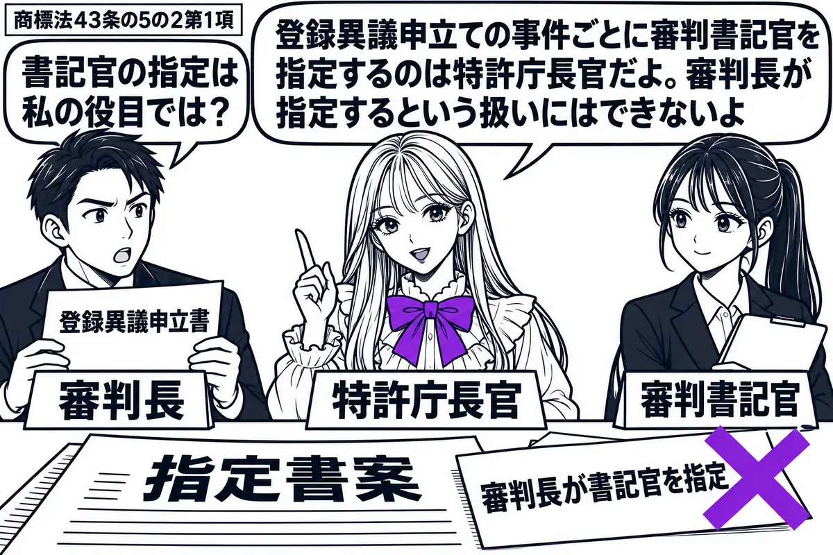 先生が中央の机で特許庁長官役(札「特許庁長官」)。左に登録異議申立書を持つ男性(札「審判長」)、右に待機する女性(札「審判書記官」)。机の指定書案に貼られた「審判長が書記官を指定」の付箋へ大きなヴァイオレットの×印。先生の吹き出し「登録異議
