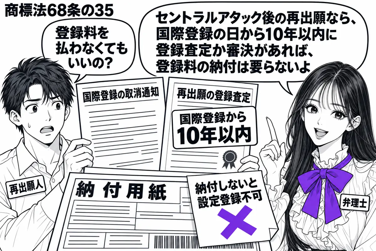 先生が弁理士役(札「弁理士」)で右。左の男性(札「再出願人」)が国際登録の取消通知と再出願の登録査定を並べる。査定の脇に「国際登録から10年以内」の札。納付用紙に貼った「納付しないと設定登録不可」の付箋にヴァイオレットの×印。先生の吹き出し